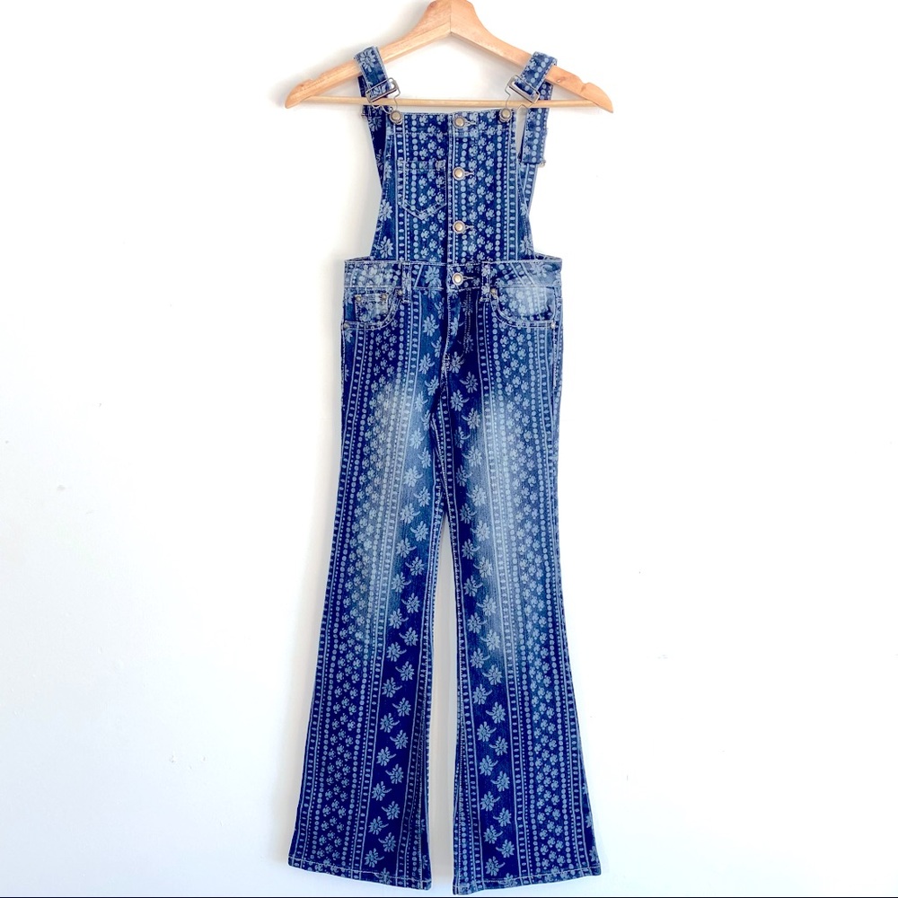 New 12K Boho Floral Denim Flare Bottom Overalls 12
